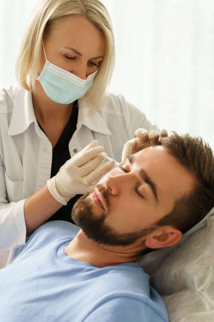 Female doctor and male client during filler injections in Cranley Clinic