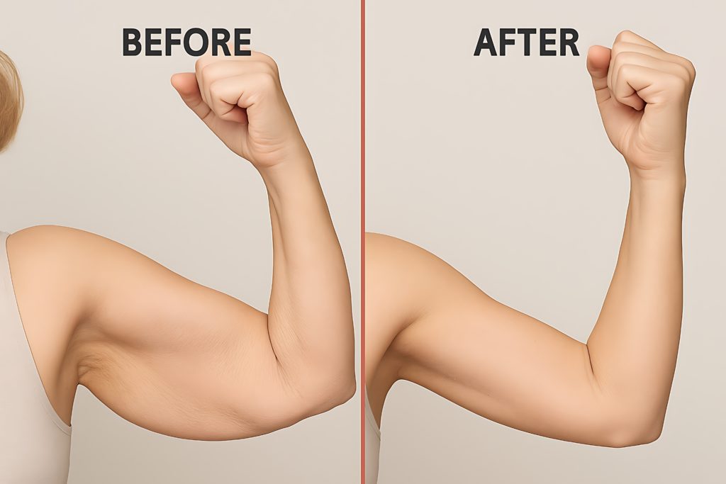 before and after arm lift procedure, highlighting sculpted arms and improved contour, liposuction healthcare Background