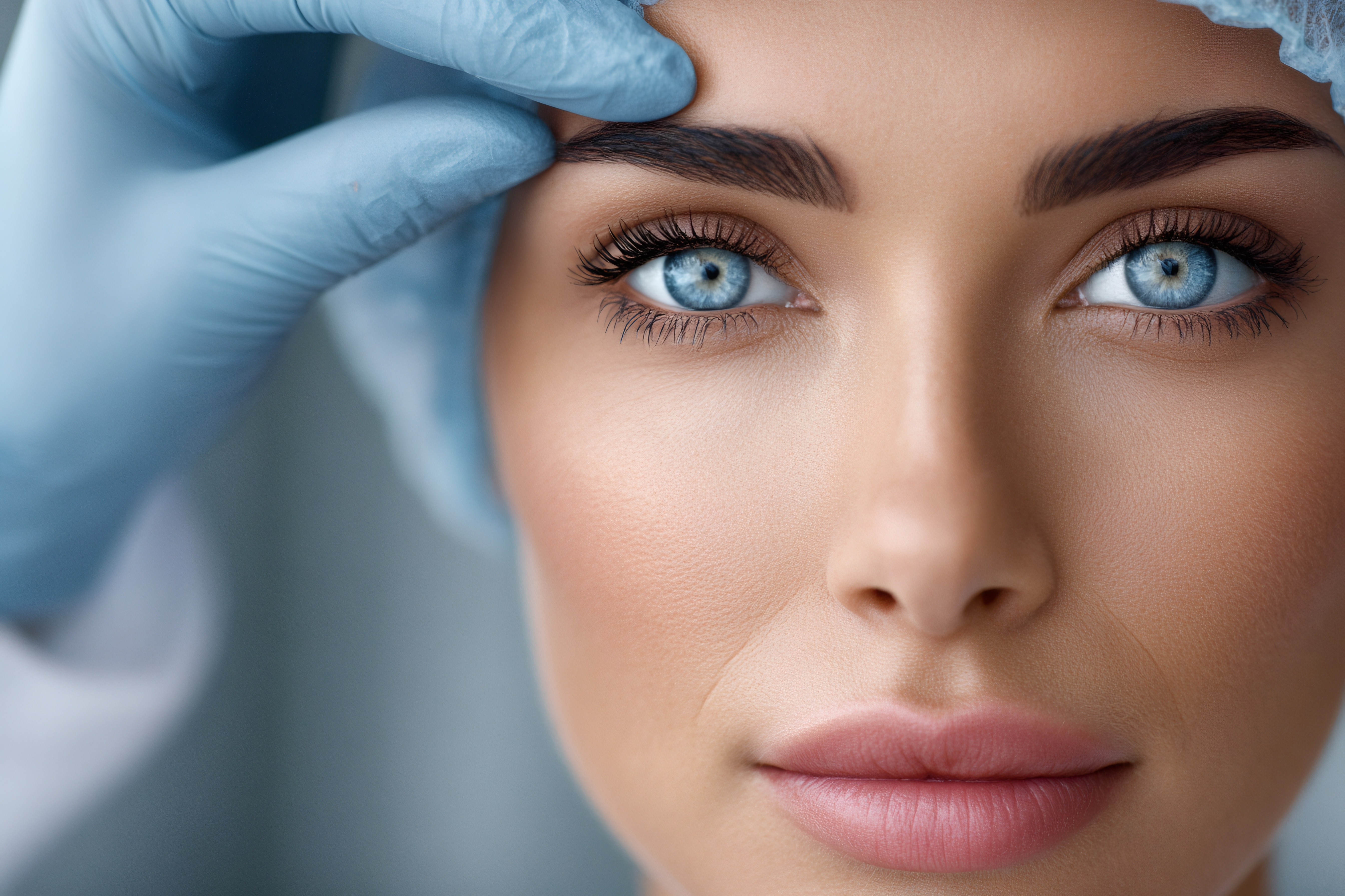 Woman receiving cosmetology treatment checking skin elasticity