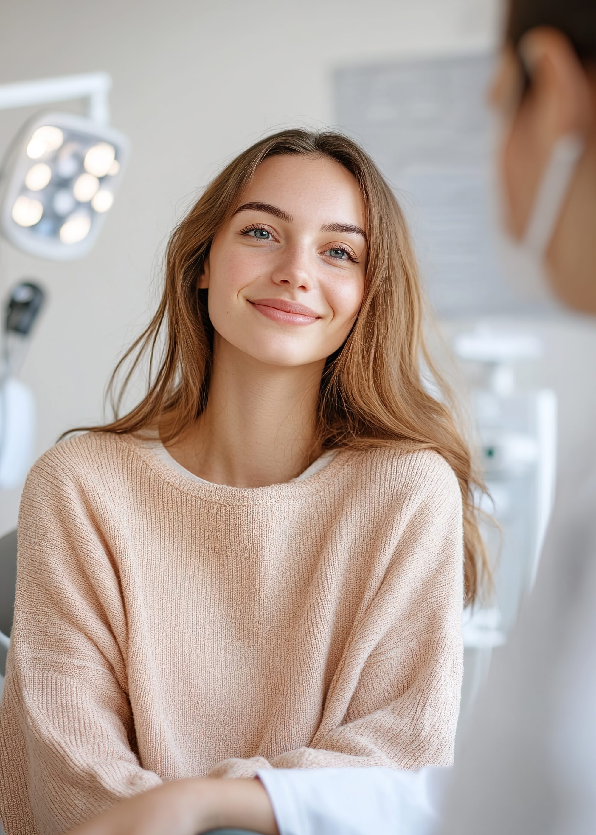 A relaxed young woman sits in a modern gynecology clinic, smiling at her doctor, who is partially visible. A calm and inviting atmosphere is present in the soft-focus background