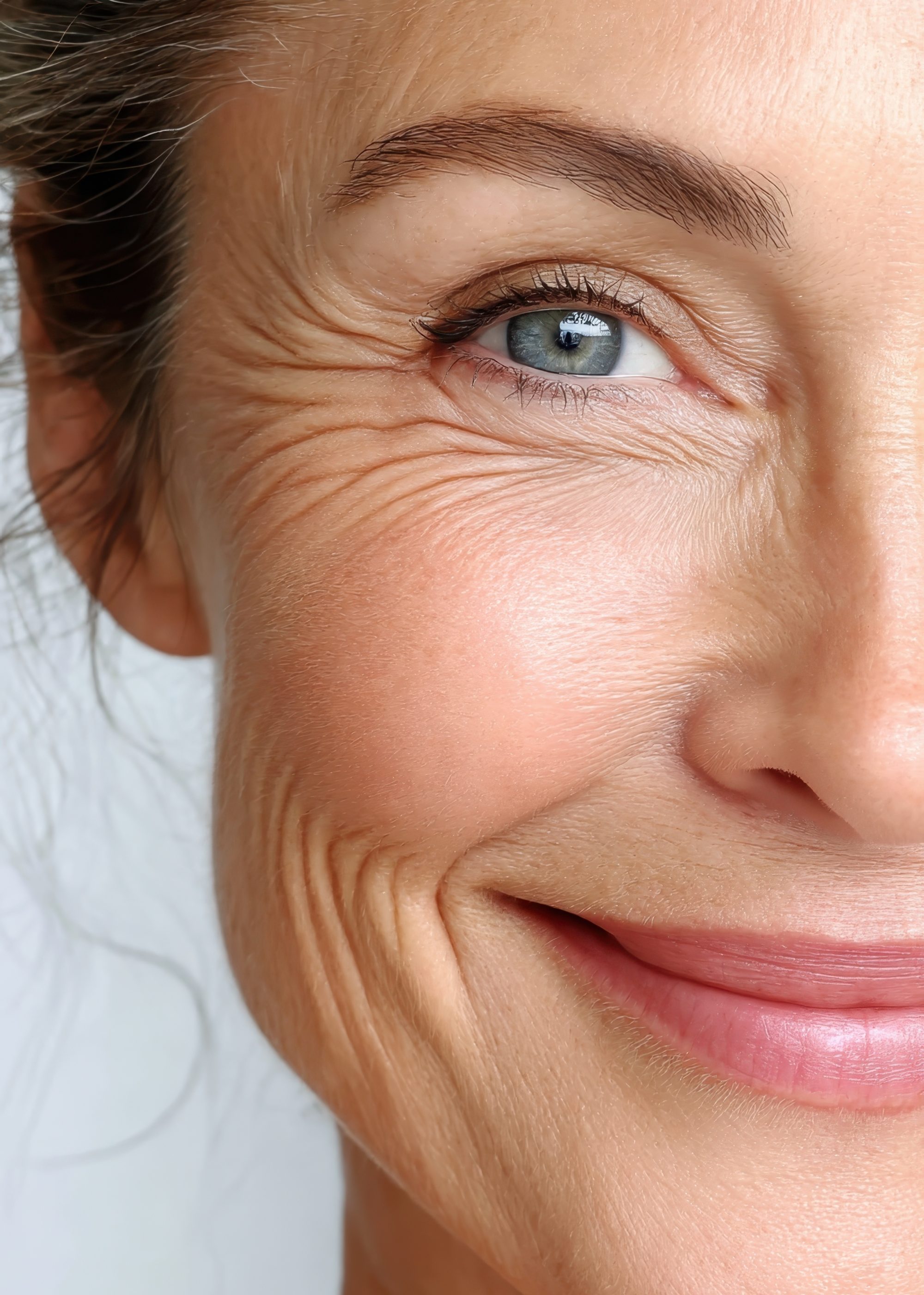 Weathered senior woman’s half profile revealing genuine smile, soft wrinkles highlighting natural beauty of aging, capturing authentic facial texture and life experience Weathered senior woman's half profile revealing genuine smile, soft wrinkles highlighting natural beauty of aging, capturing authentic facial texture and life experience
