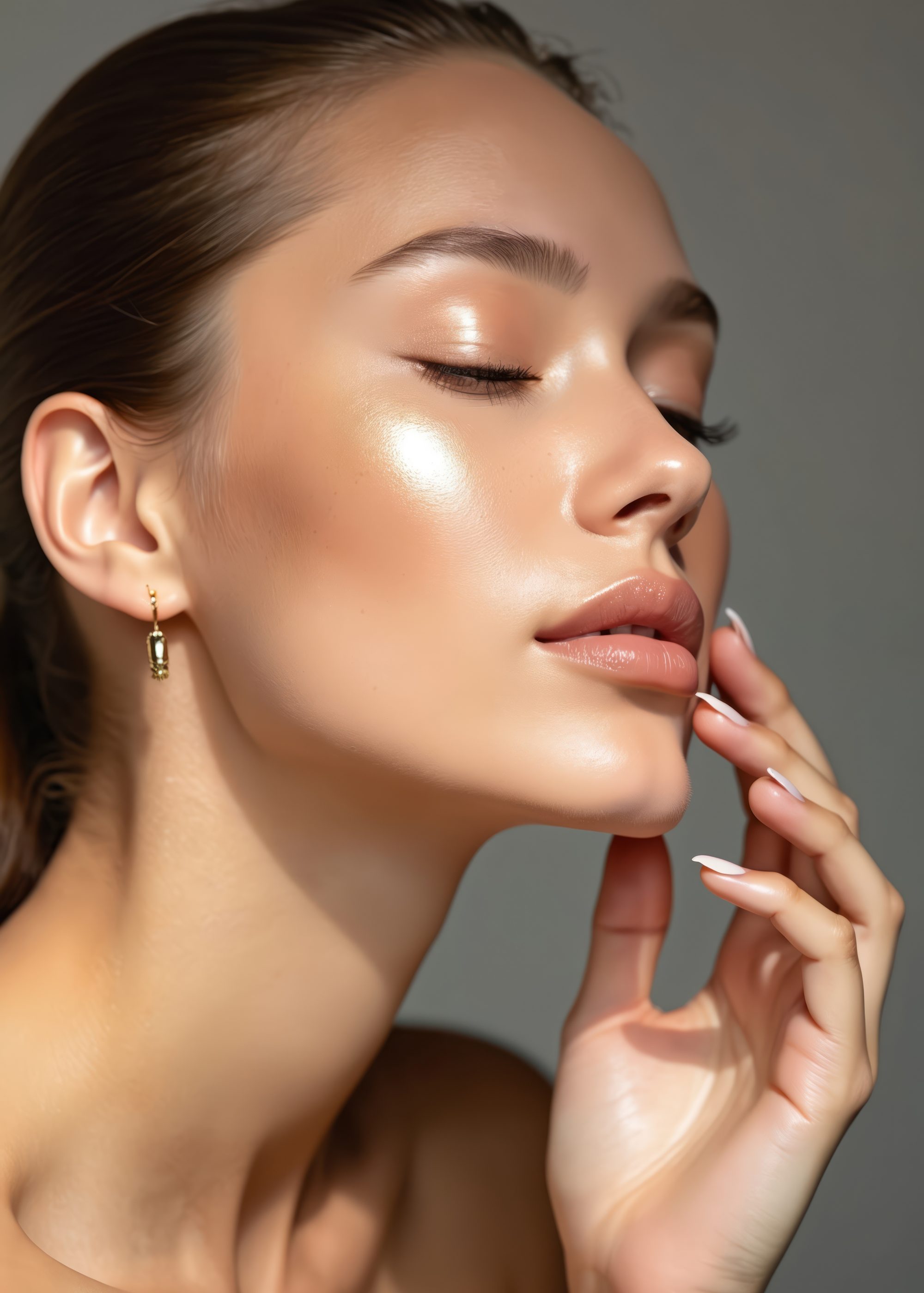 Close-up of woman with radiant skin. Perfect healthy complexion. Young female with natural makeup, lip gloss. Beauty concept, skincare, cosmetics. Face care portrait.